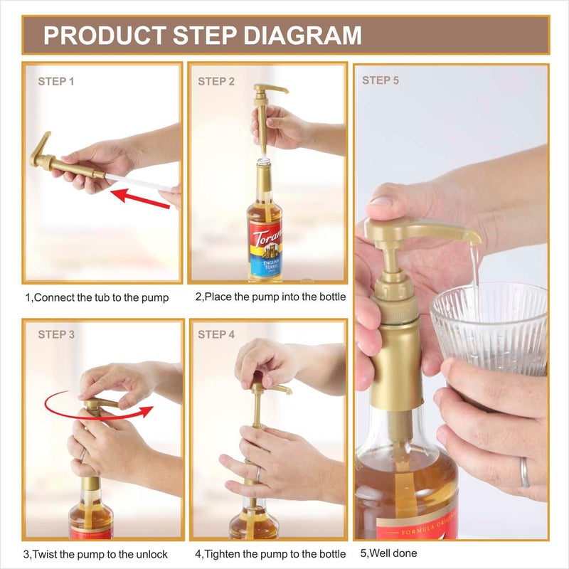 Kinfira 6 Pcs Coffee Syrup Pump Dispenser - Premium Skinny Syrup Pumps Fit for 25.4oz Torani Davinci Syrup Bottles (Gold) - Image 3